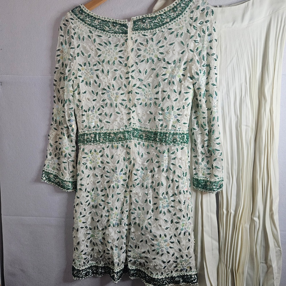 Vintage 60s Colt Orient Beaded Lace Tunic and Pleated Maxi Skirt Set Cream Green - Picture 5 of 13